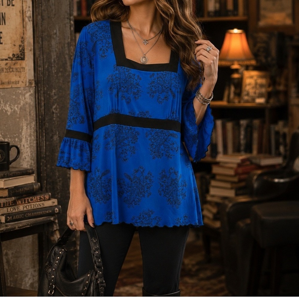 Studio 1940 Blue Paisley Tunic Top Bell Sleeve Boho Blouse Plus Sze Academia Y2K